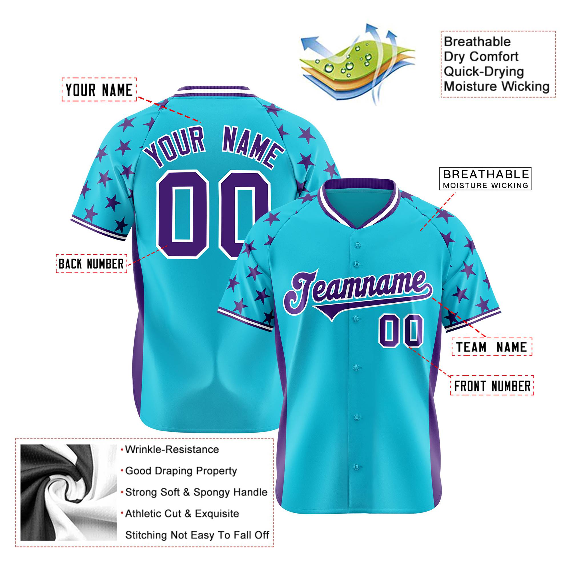 Custom Sky Blue Purple Gradient Side Personalized Star Pattern Authentic Baseball Jersey