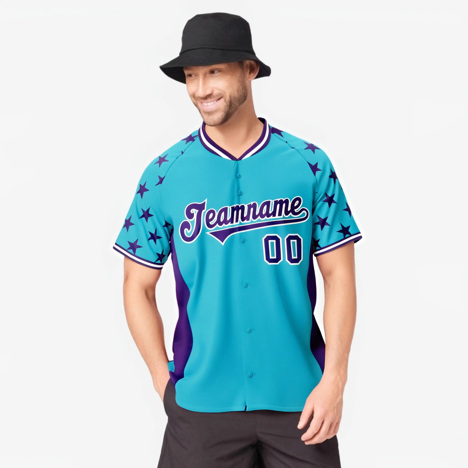 Custom Sky Blue Purple Gradient Side Personalized Star Pattern Authentic Baseball Jersey