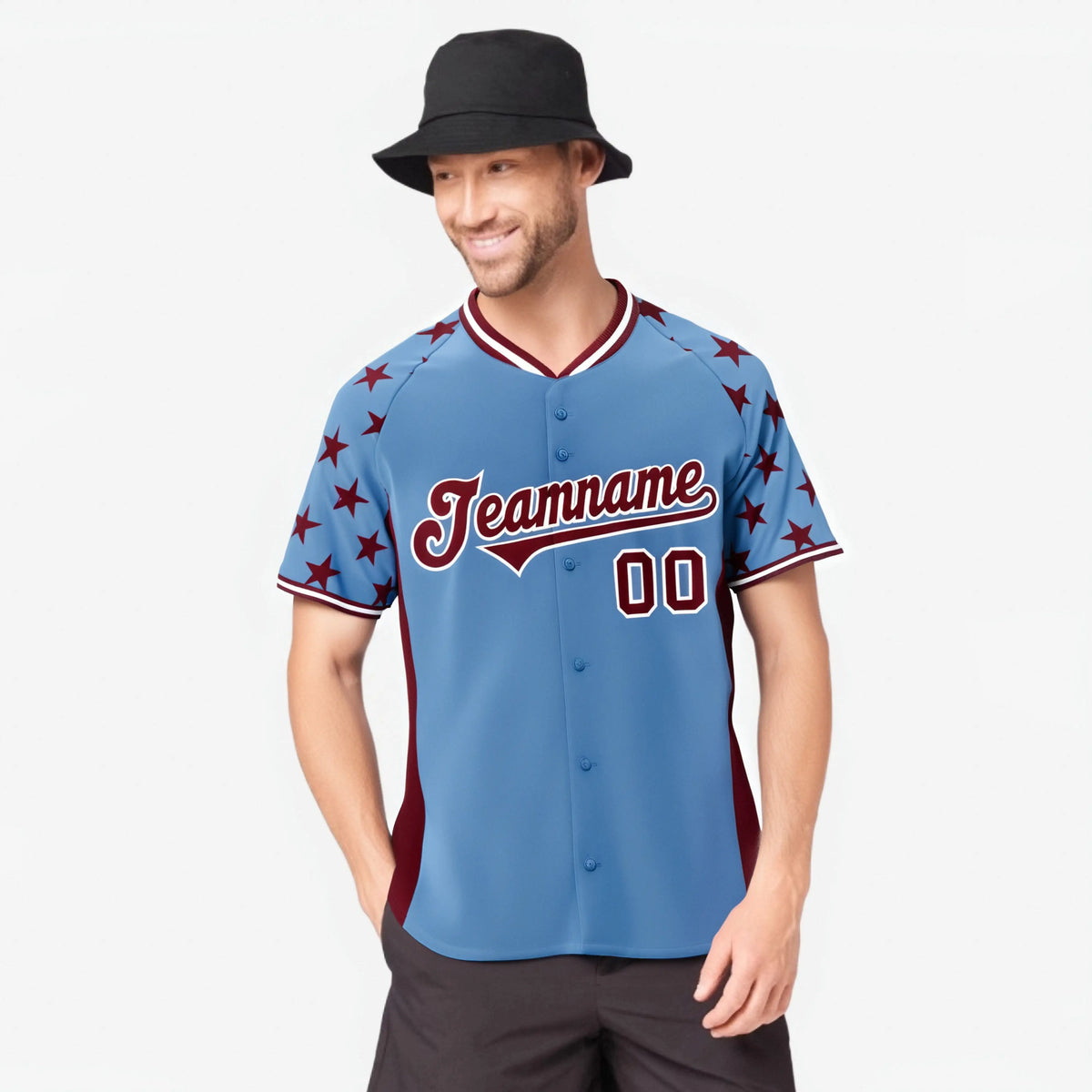 Custom Light Blue Crimson Gradient Side Personalized Star Pattern Authentic Baseball Jersey