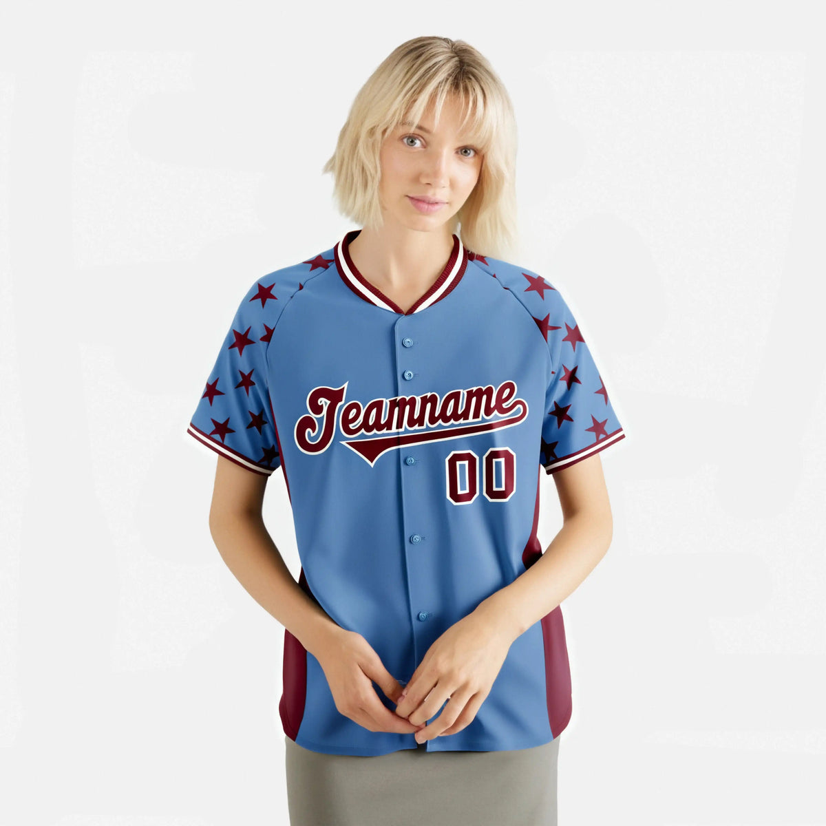 Custom Light Blue Crimson Gradient Side Personalized Star Pattern Authentic Baseball Jersey