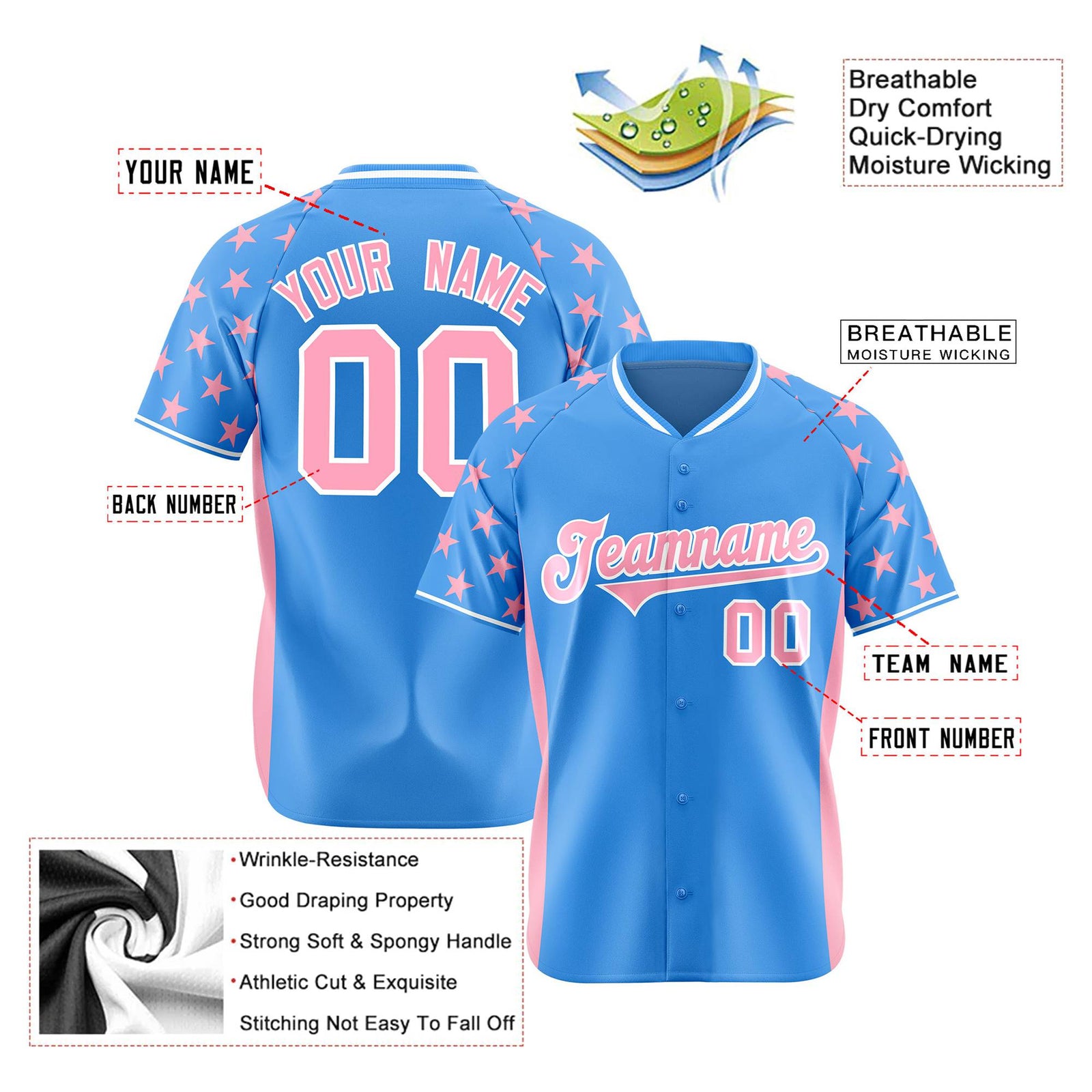 Custom Powder Blue Light Pink Gradient Side Personalized Star Pattern Authentic Baseball Jersey