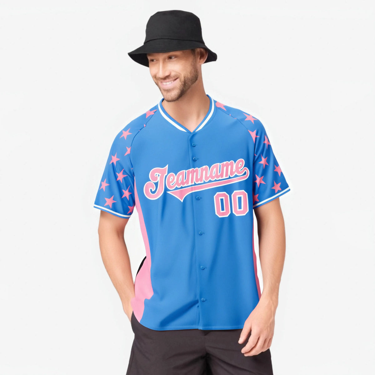 Custom Powder Blue Light Pink Gradient Side Personalized Star Pattern Authentic Baseball Jersey