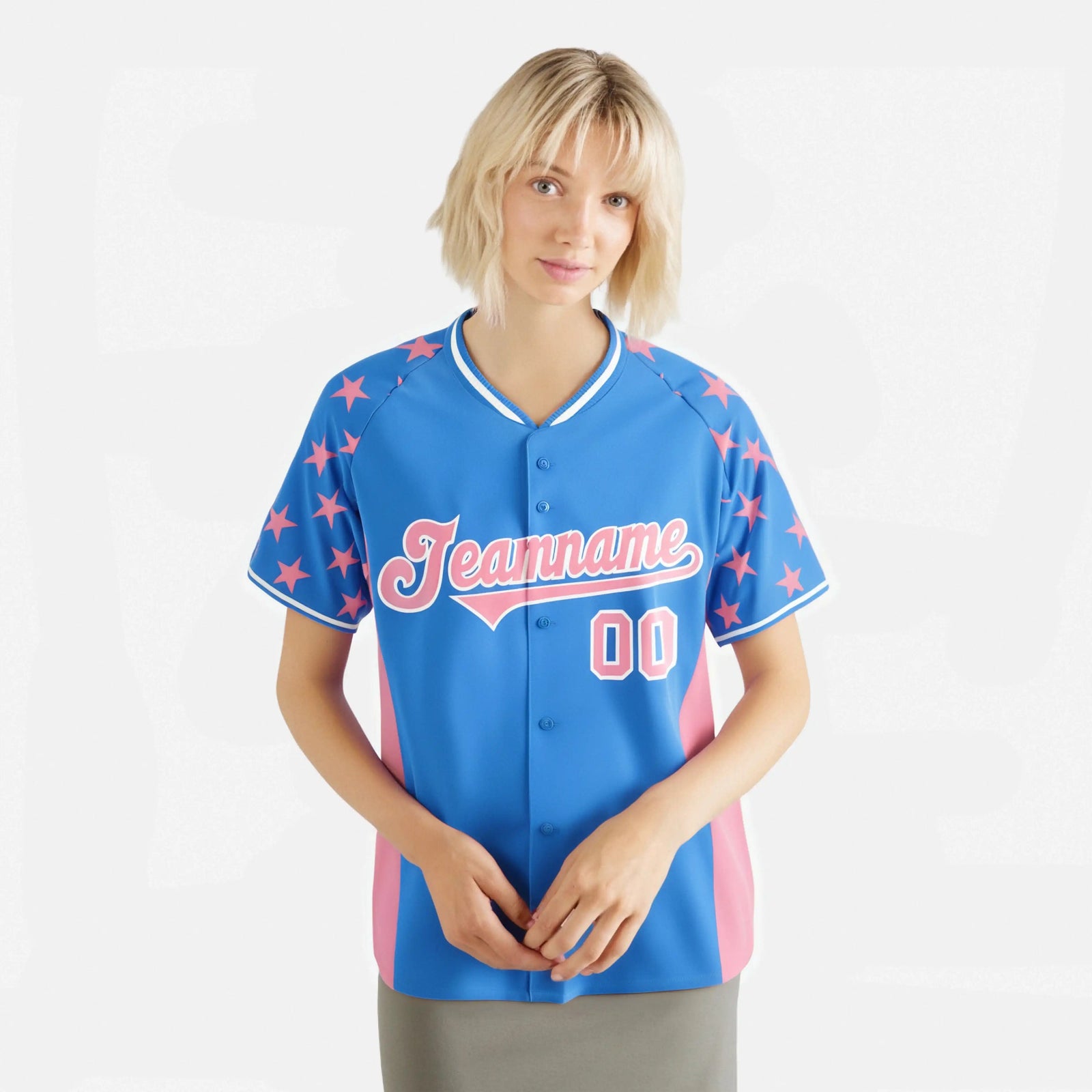 Custom Powder Blue Light Pink Gradient Side Personalized Star Pattern Authentic Baseball Jersey