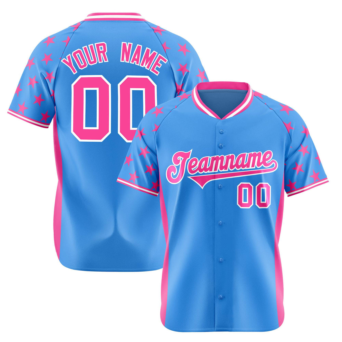 Custom Powder Blue Pink Gradient Side Personalized Star Pattern Authentic Baseball Jersey