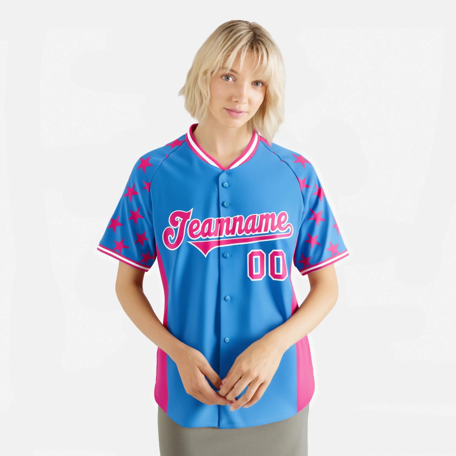 Custom Powder Blue Pink Gradient Side Personalized Star Pattern Authentic Baseball Jersey