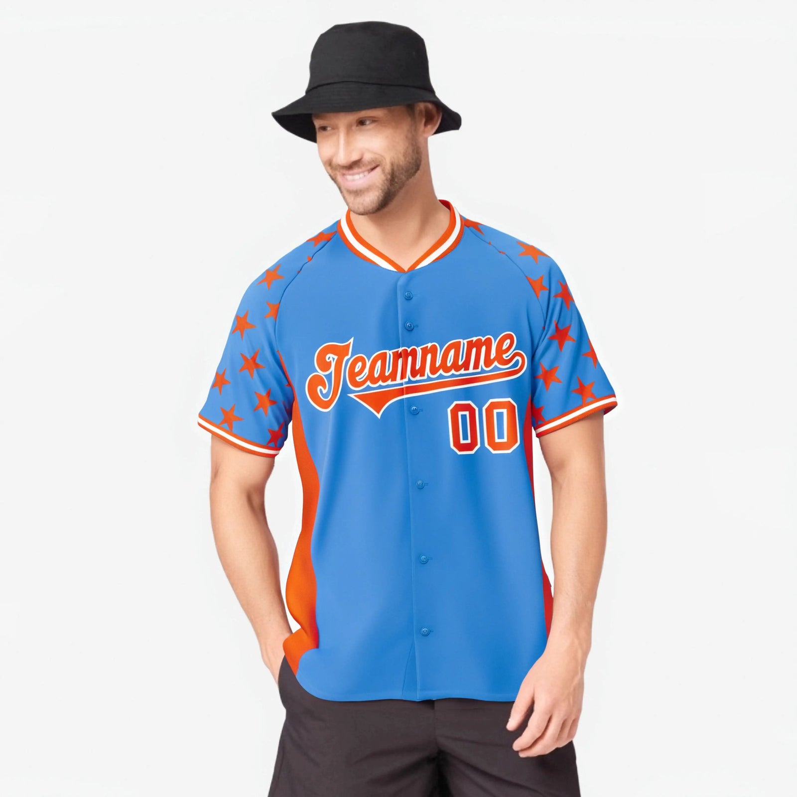 Custom Powder Blue Orange Gradient Side Personalized Star Pattern Authentic Baseball Jersey