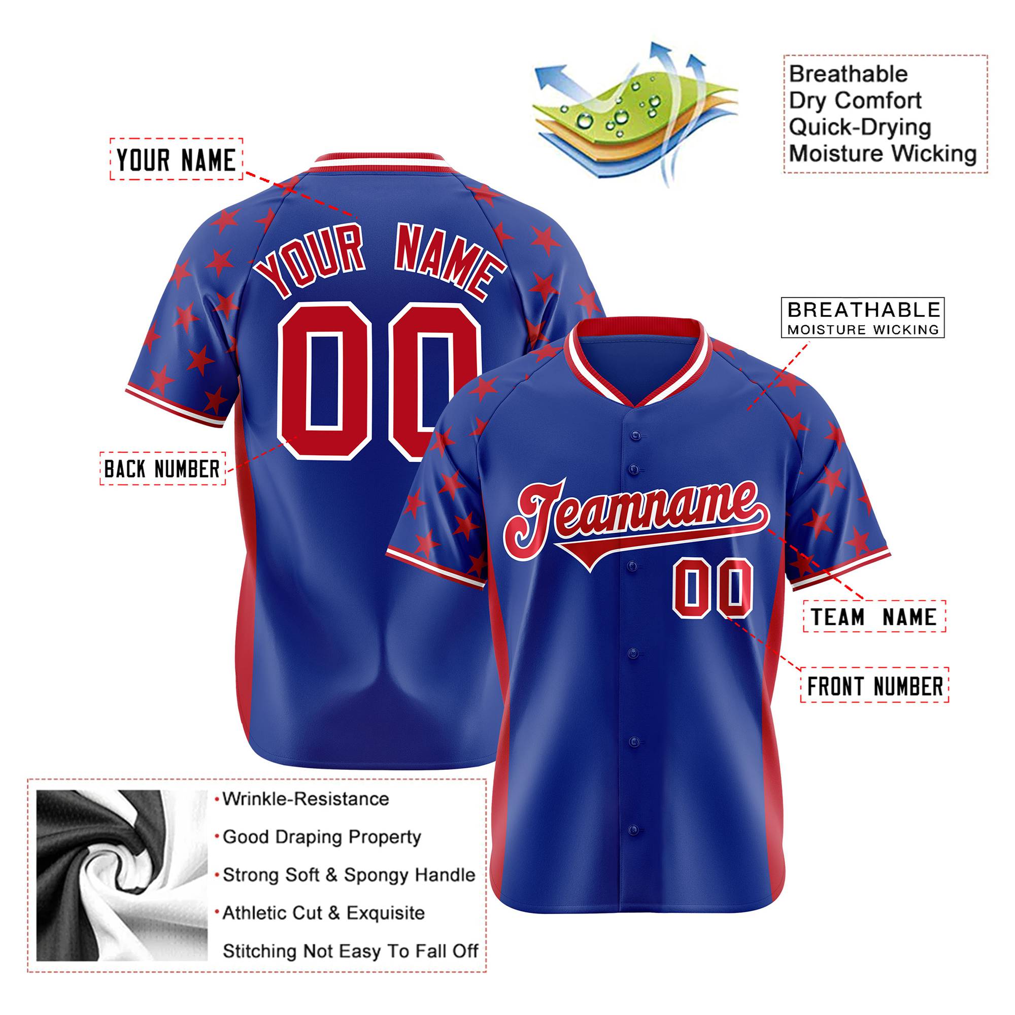 Custom Royal Blue Red Gradient Side Personalized Star Pattern Authentic Baseball Jersey