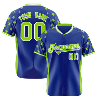 Camiseta de béisbol auténtica personalizada con estampado de estrellas en azul real y verde neón - Style 1