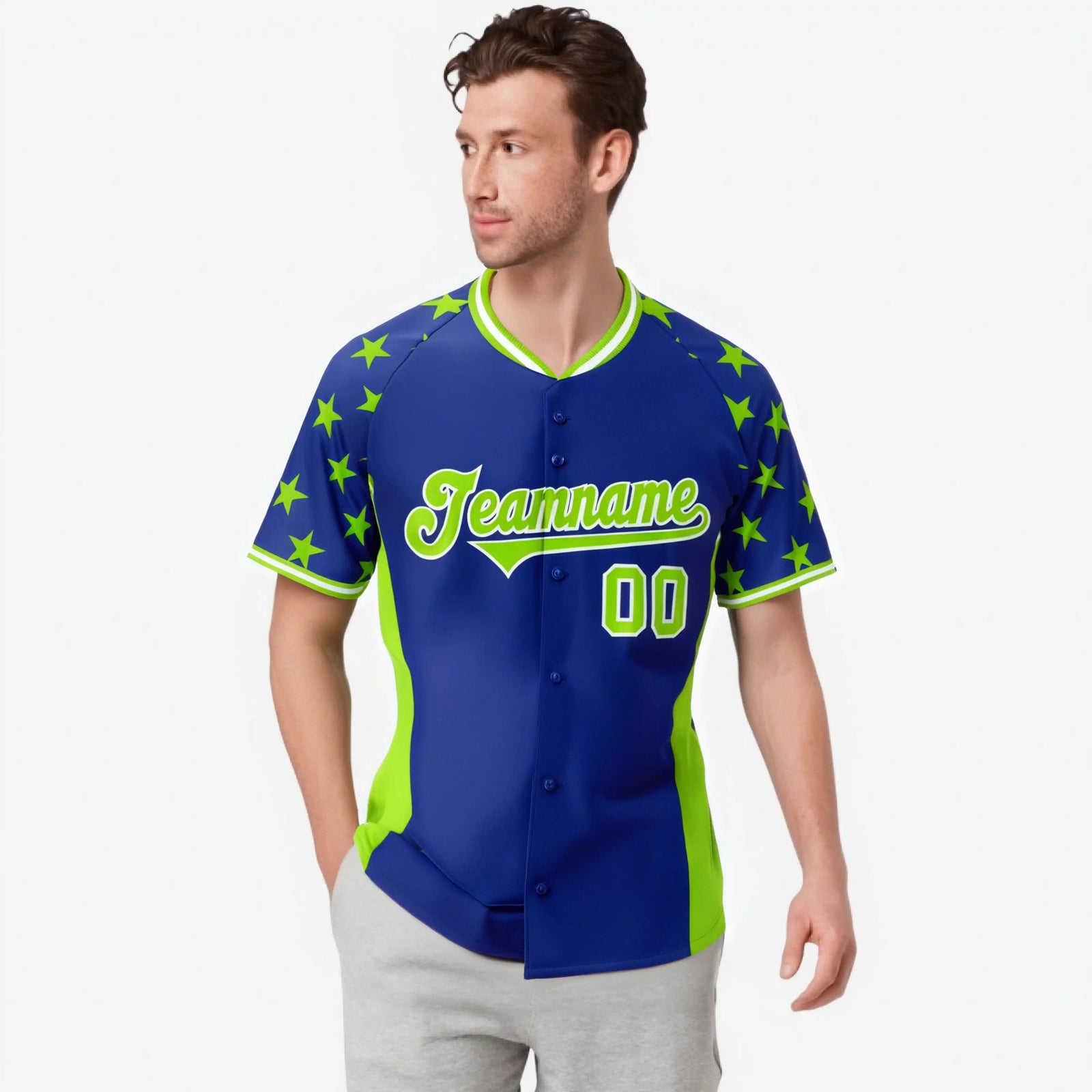 Custom Royal Blue Neon Green Gradient Side Personalized Star Pattern Authentic Baseball Jersey