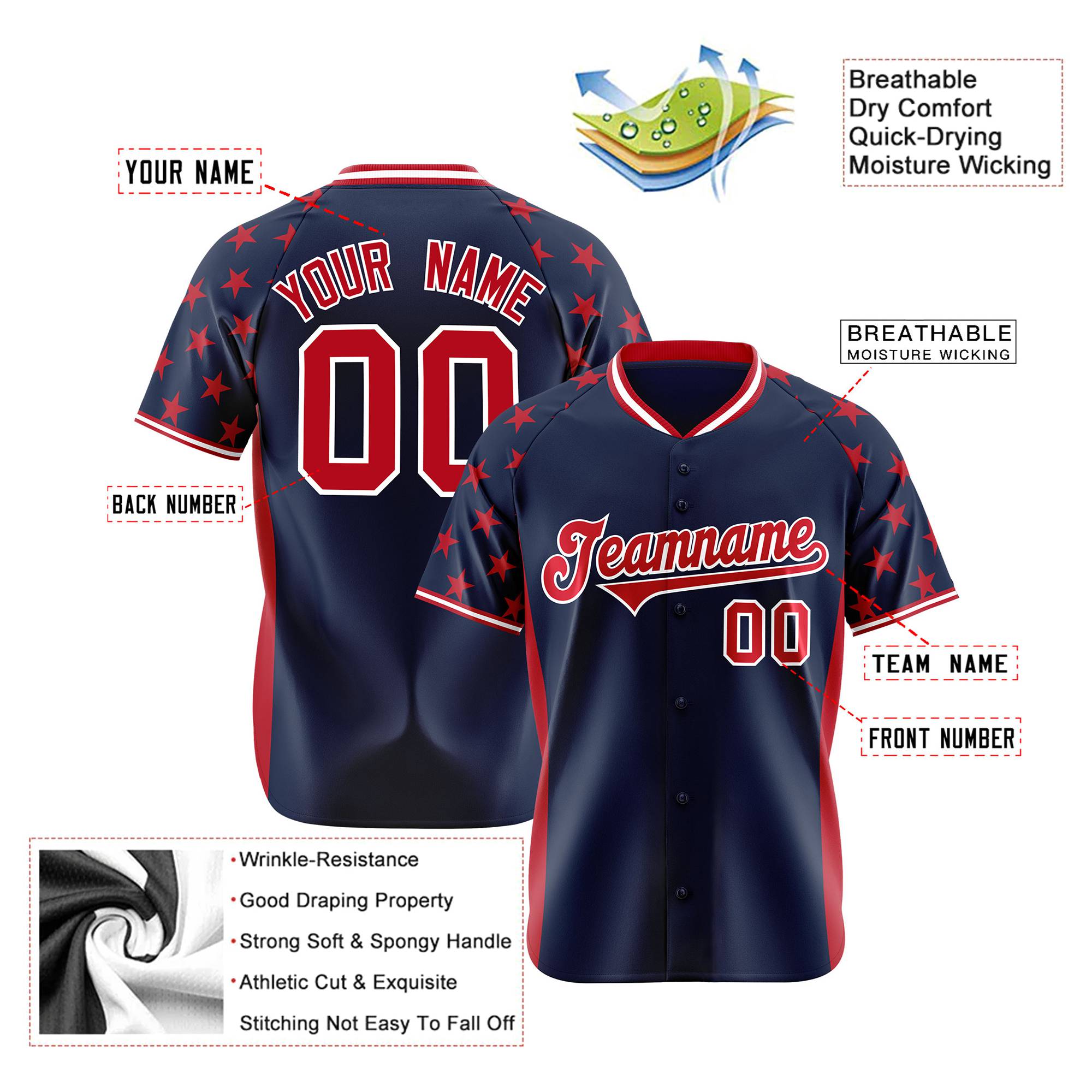 Custom Navy Red Gradient Side Personalized Star Pattern Authentic Baseball Jersey