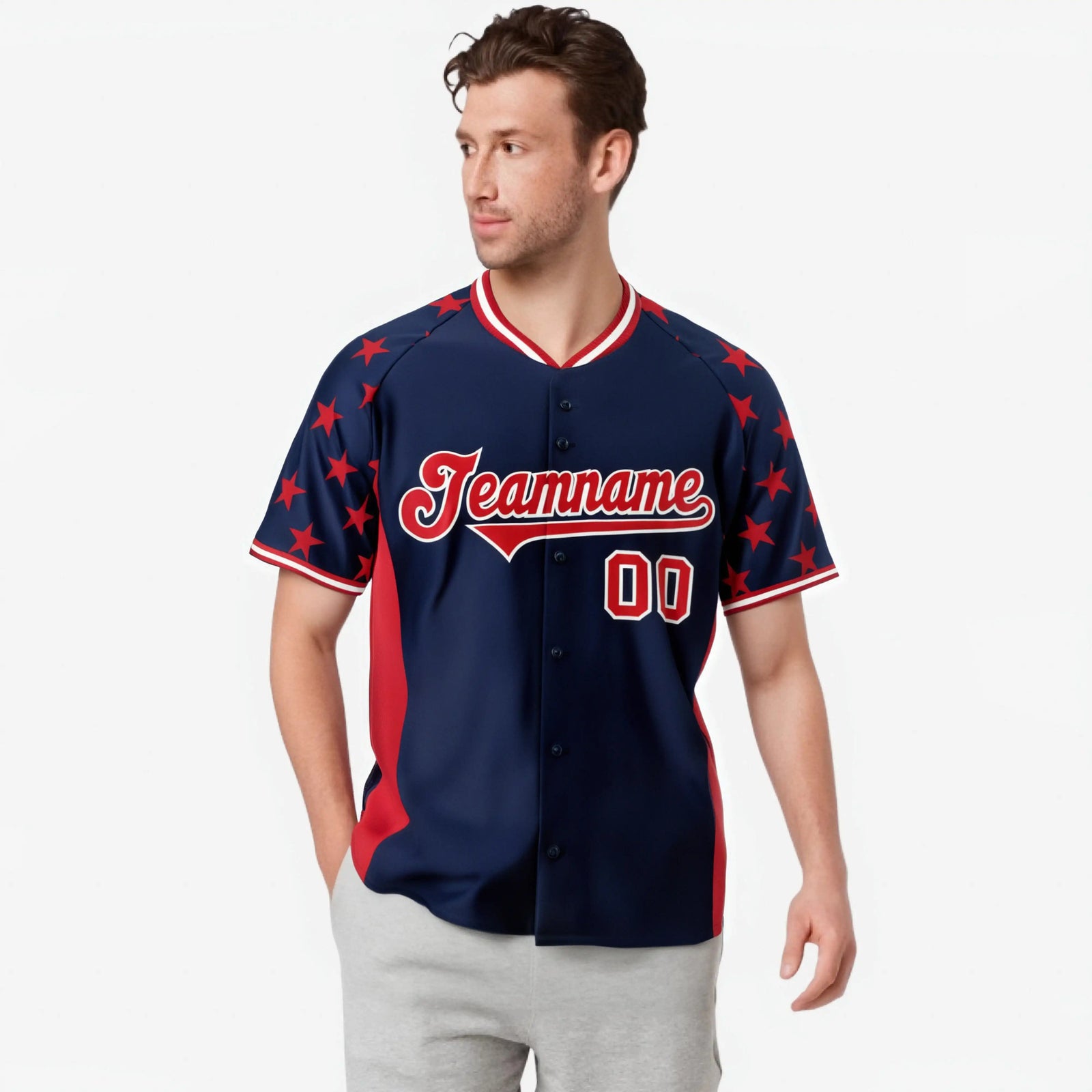 Custom Navy Red Gradient Side Personalized Star Pattern Authentic Baseball Jersey