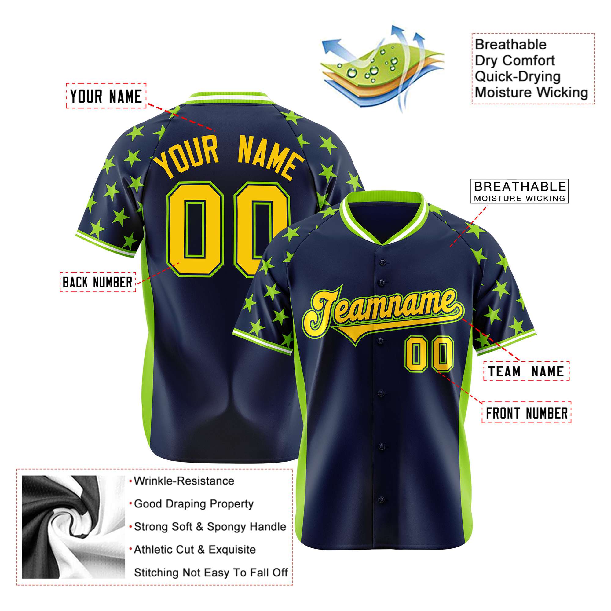 Custom Navy Neon Green Gradient Side Personalized Star Pattern Authentic Baseball Jersey