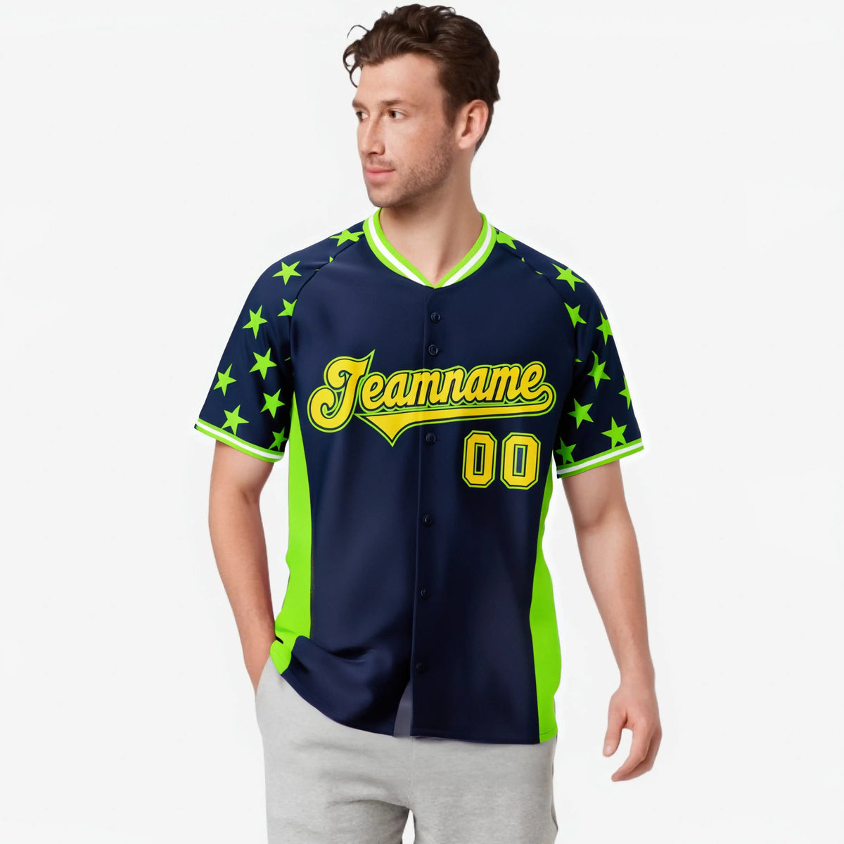 Custom Navy Neon Green Gradient Side Personalized Star Pattern Authentic Baseball Jersey
