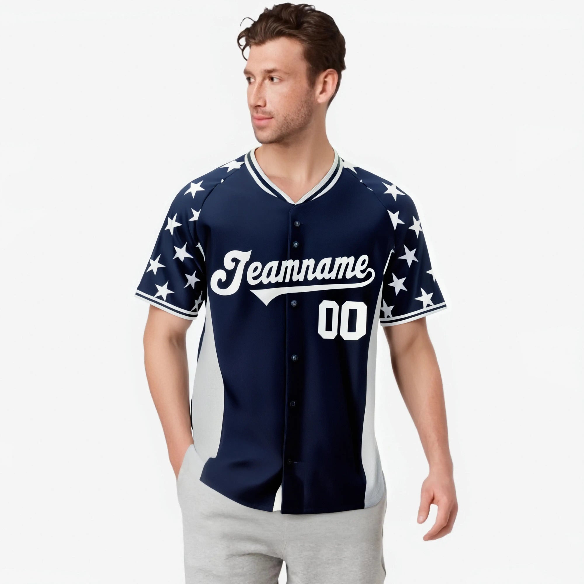 Custom Navy Gray Gradient Side Personalized Star Pattern Authentic Baseball Jersey