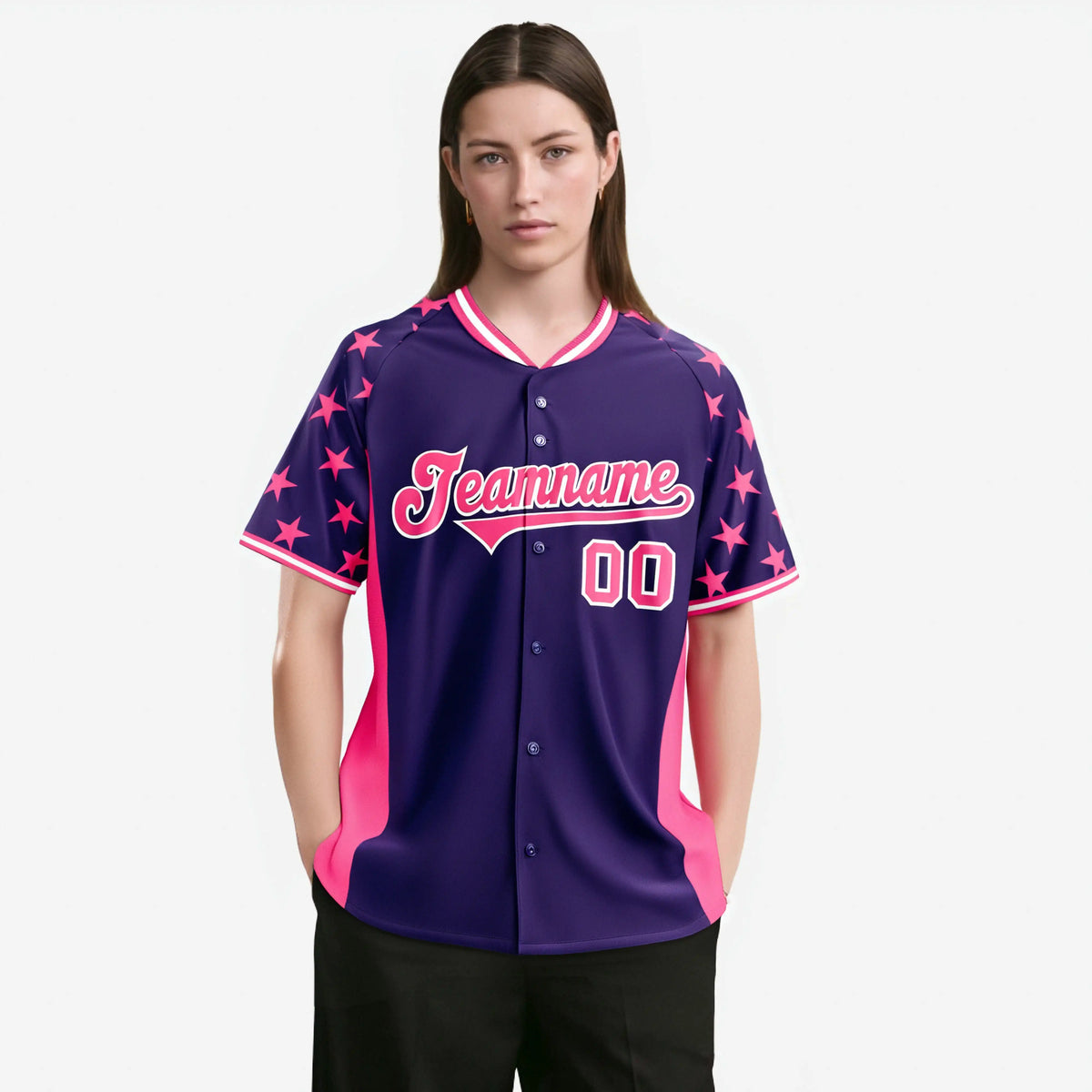 Custom Purple Pink Gradient Side Personalized Star Pattern Authentic Baseball Jersey