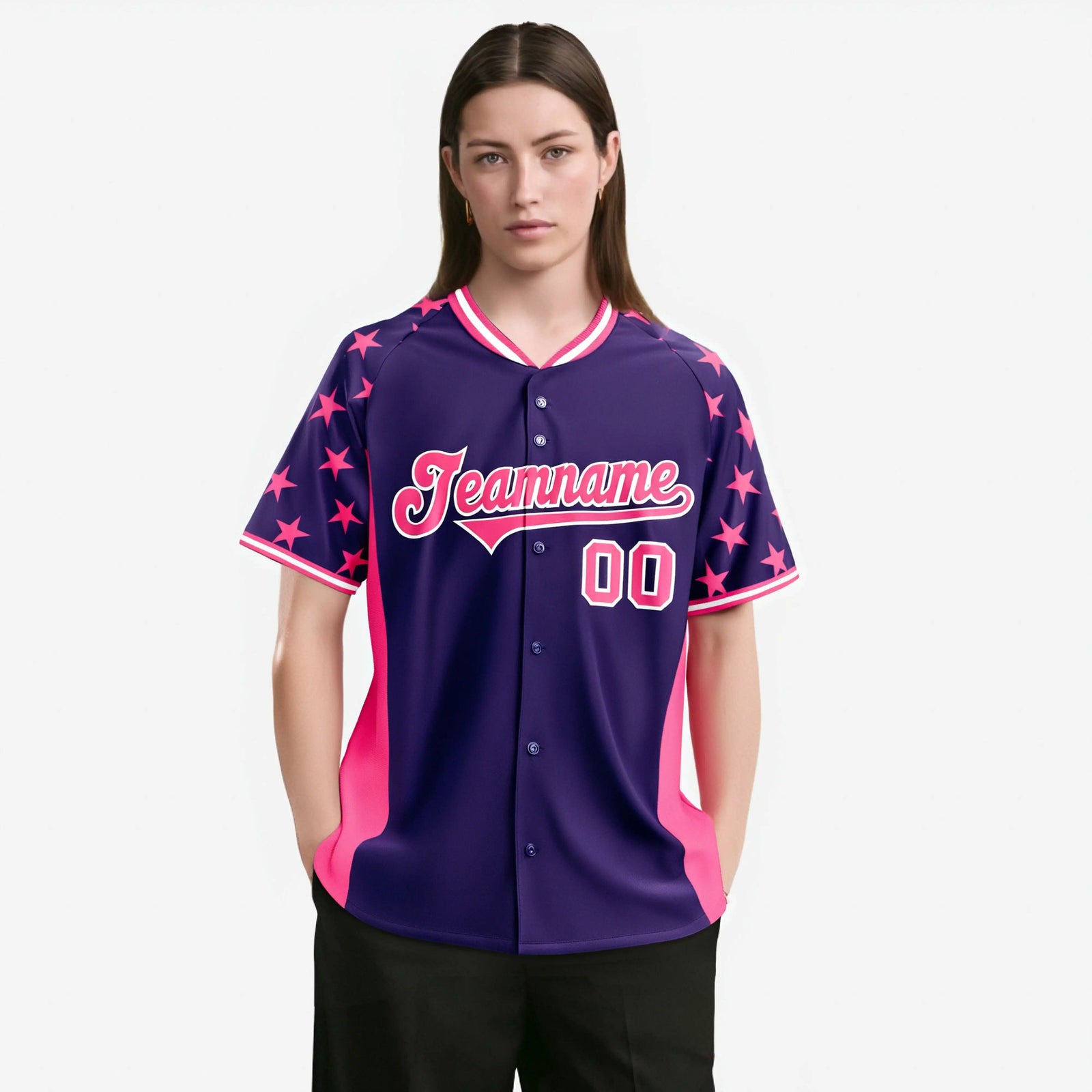 Custom Purple Pink Gradient Side Personalized Star Pattern Authentic Baseball Jersey
