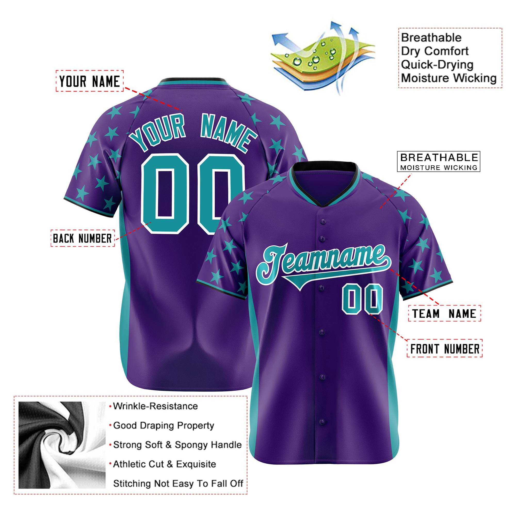 Custom Purple Aqua Gradient Side Personalized Star Pattern Authentic Baseball Jersey