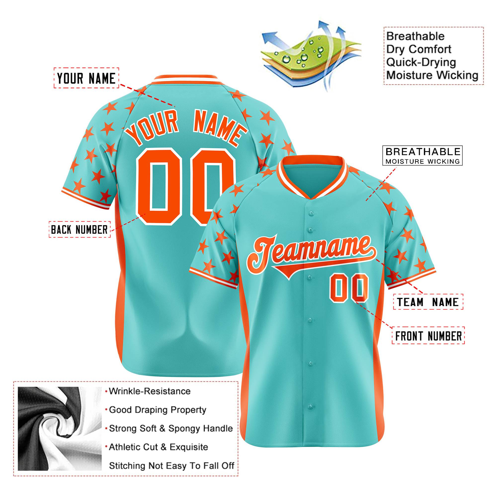 Custom Aqua Orange Gradient Side Personalized Star Pattern Authentic Baseball Jersey