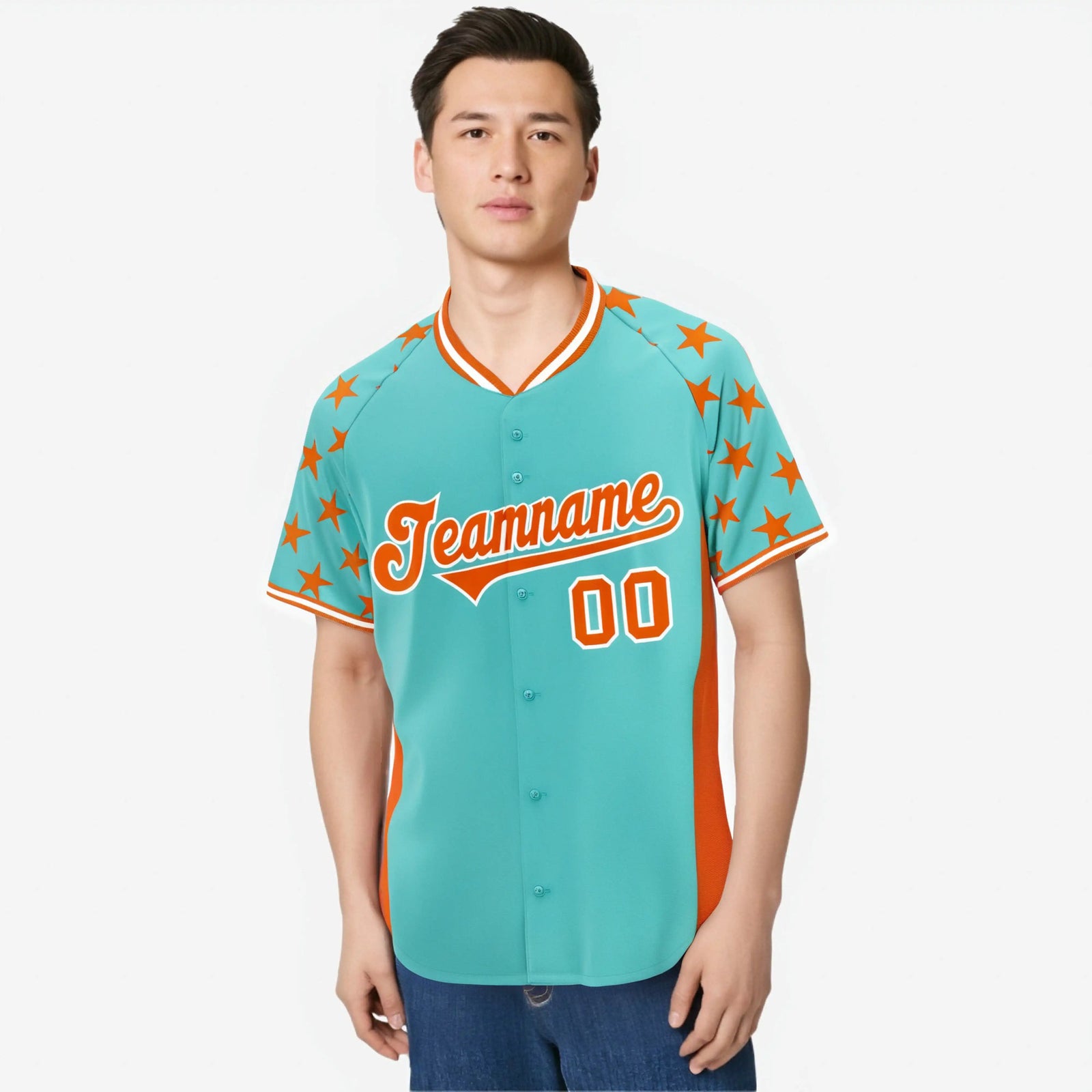 Custom Aqua Orange Gradient Side Personalized Star Pattern Authentic Baseball Jersey