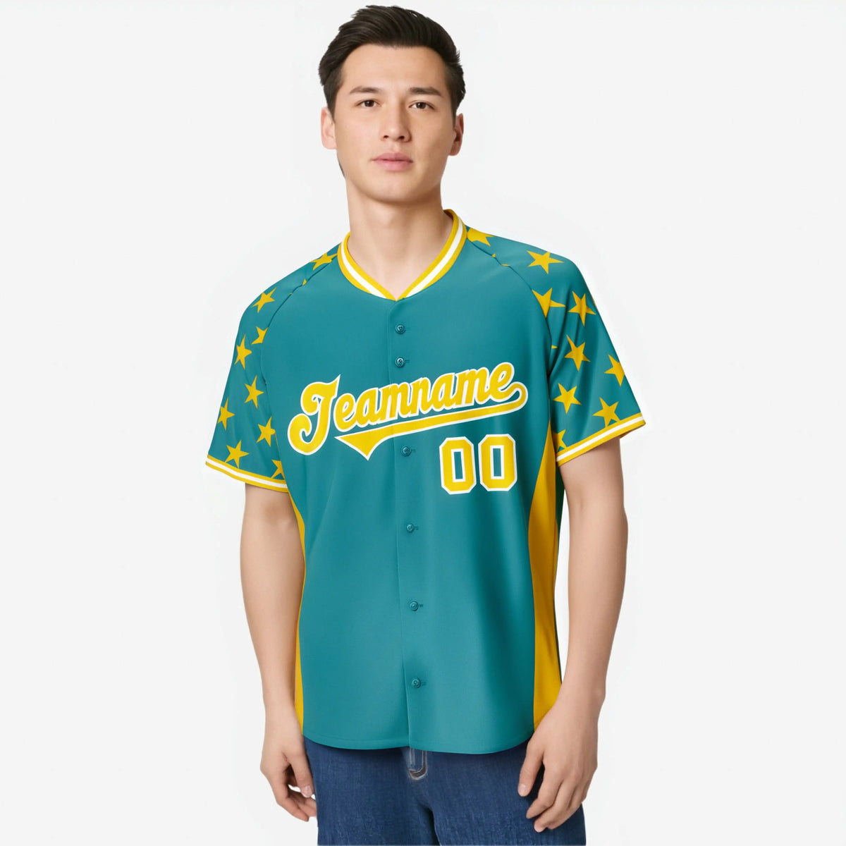 Custom Aqua Gold Gradient Side Personalized Star Pattern Authentic Baseball Jersey