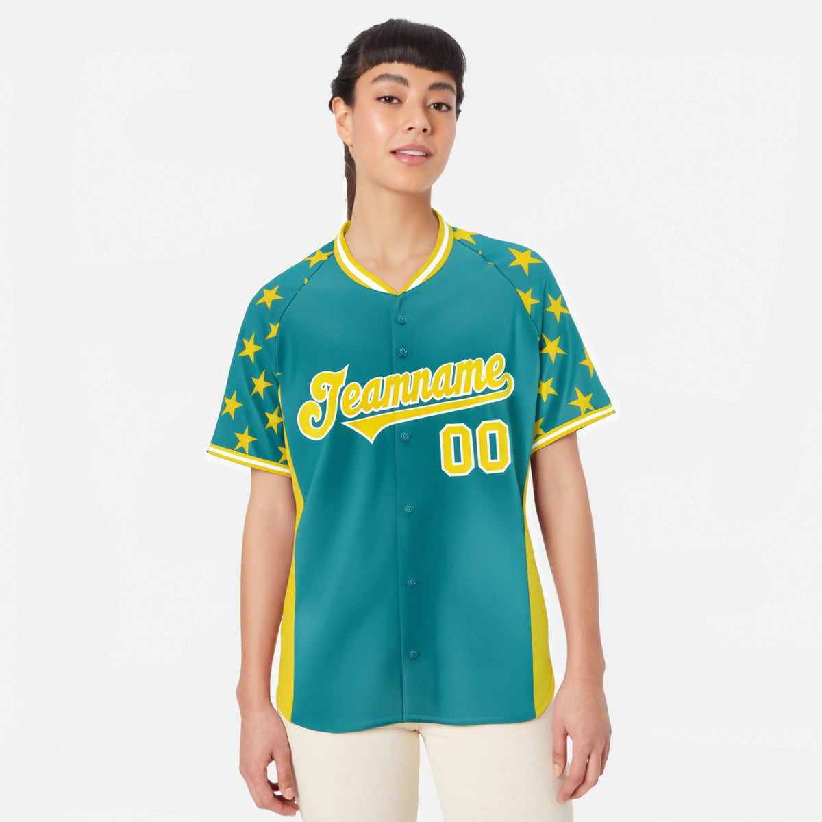 Custom Aqua Gold Gradient Side Personalized Star Pattern Authentic Baseball Jersey