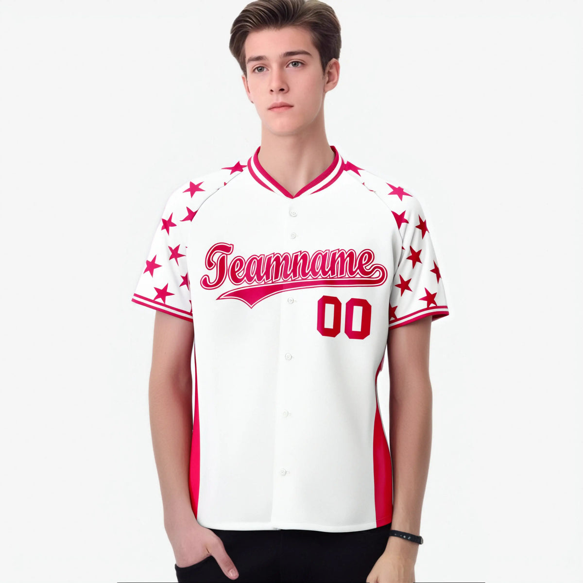 Custom White Pink Gradient Side Personalized Star Pattern Authentic Baseball Jersey