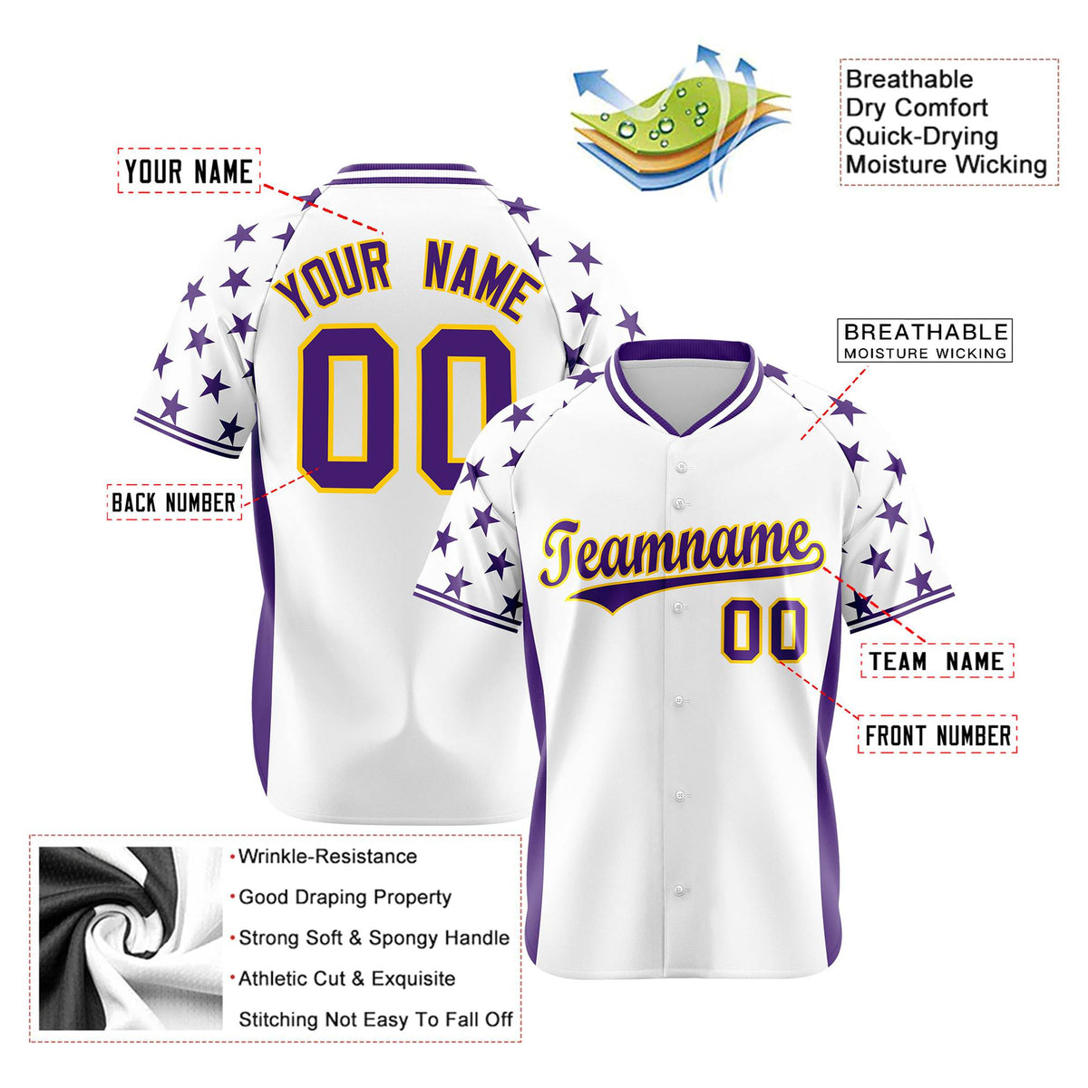 Custom White Purple Gradient Side Personalized Star Pattern Authentic Baseball Jersey