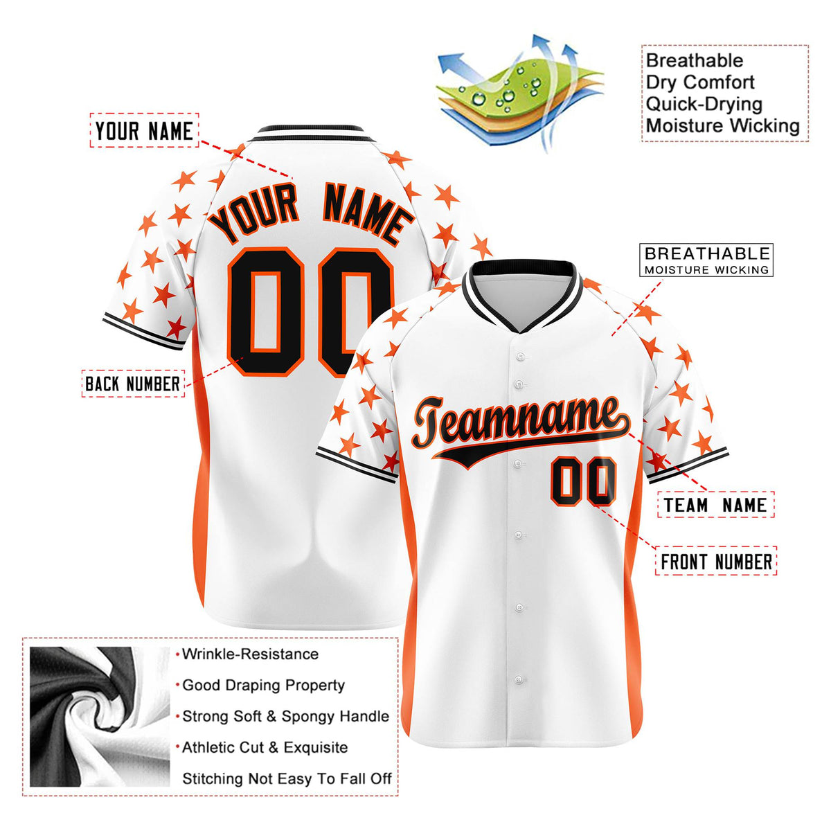 Custom White Orange Gradient Side Personalized Star Pattern Authentic Baseball Jersey