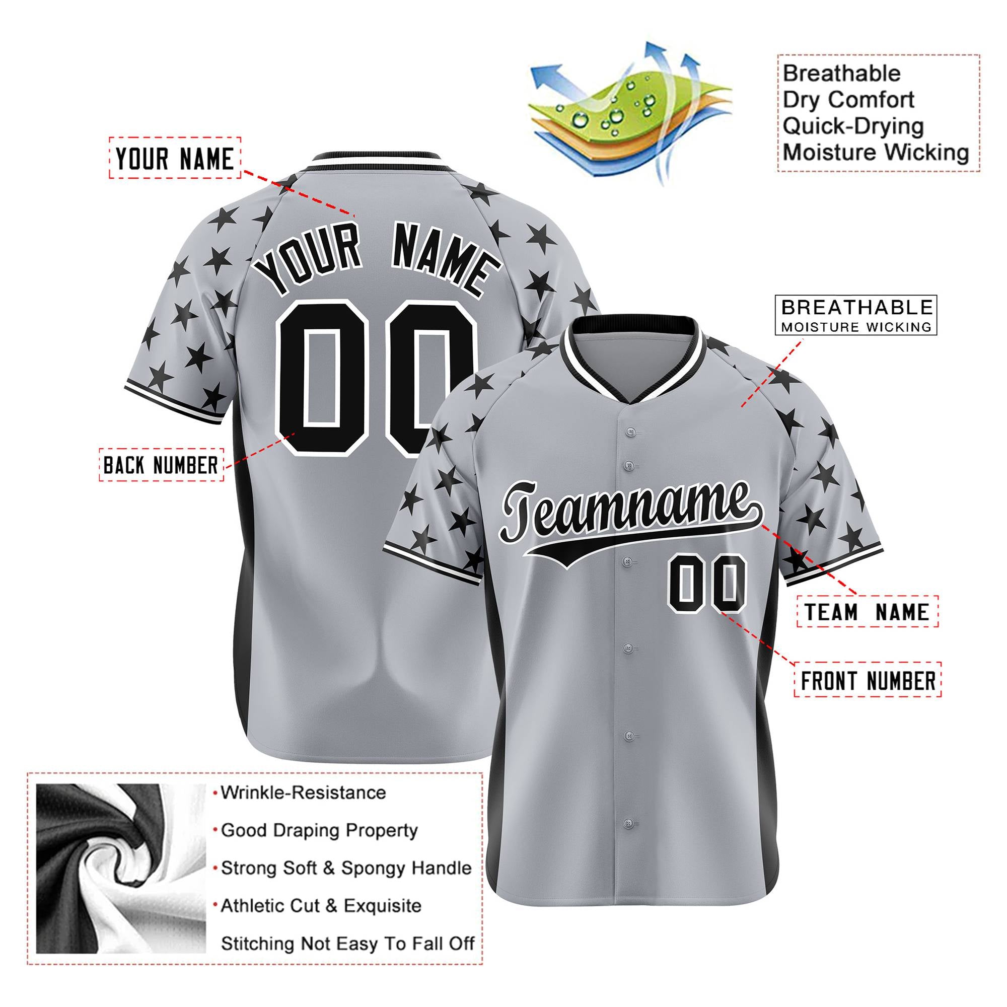 Custom Gray Black Gradient Side Personalized Star Pattern Authentic Baseball Jersey