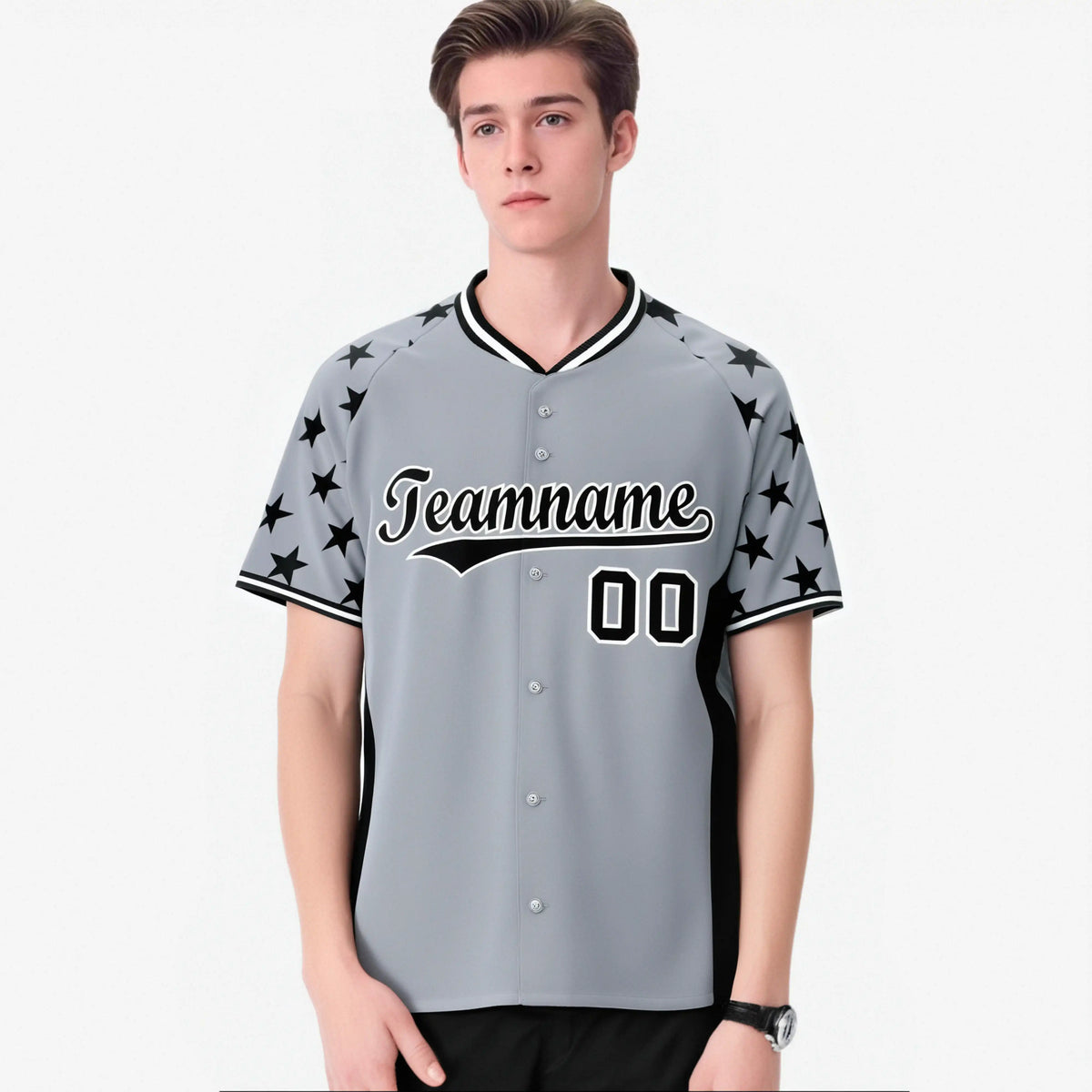 Custom Gray Black Gradient Side Personalized Star Pattern Authentic Baseball Jersey