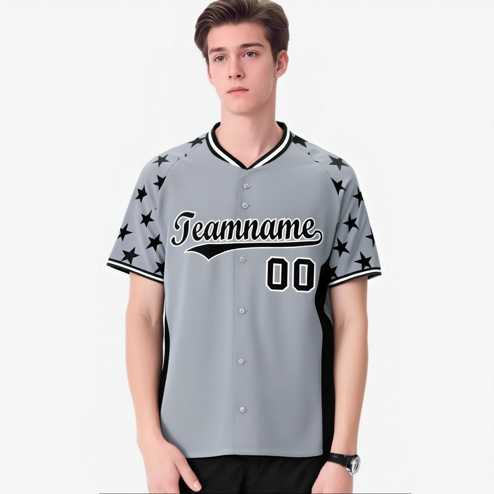 Custom Gray Black Gradient Side Personalized Star Pattern Authentic Baseball Jersey