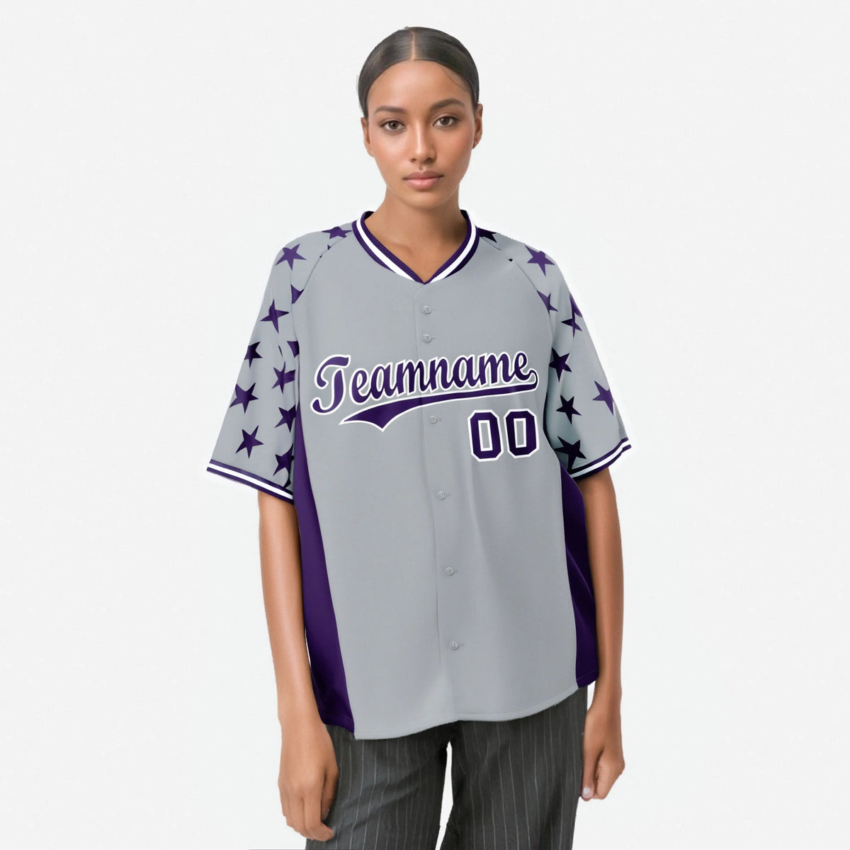 Custom Gray Purple Gradient Side Personalized Star Pattern Authentic Baseball Jersey