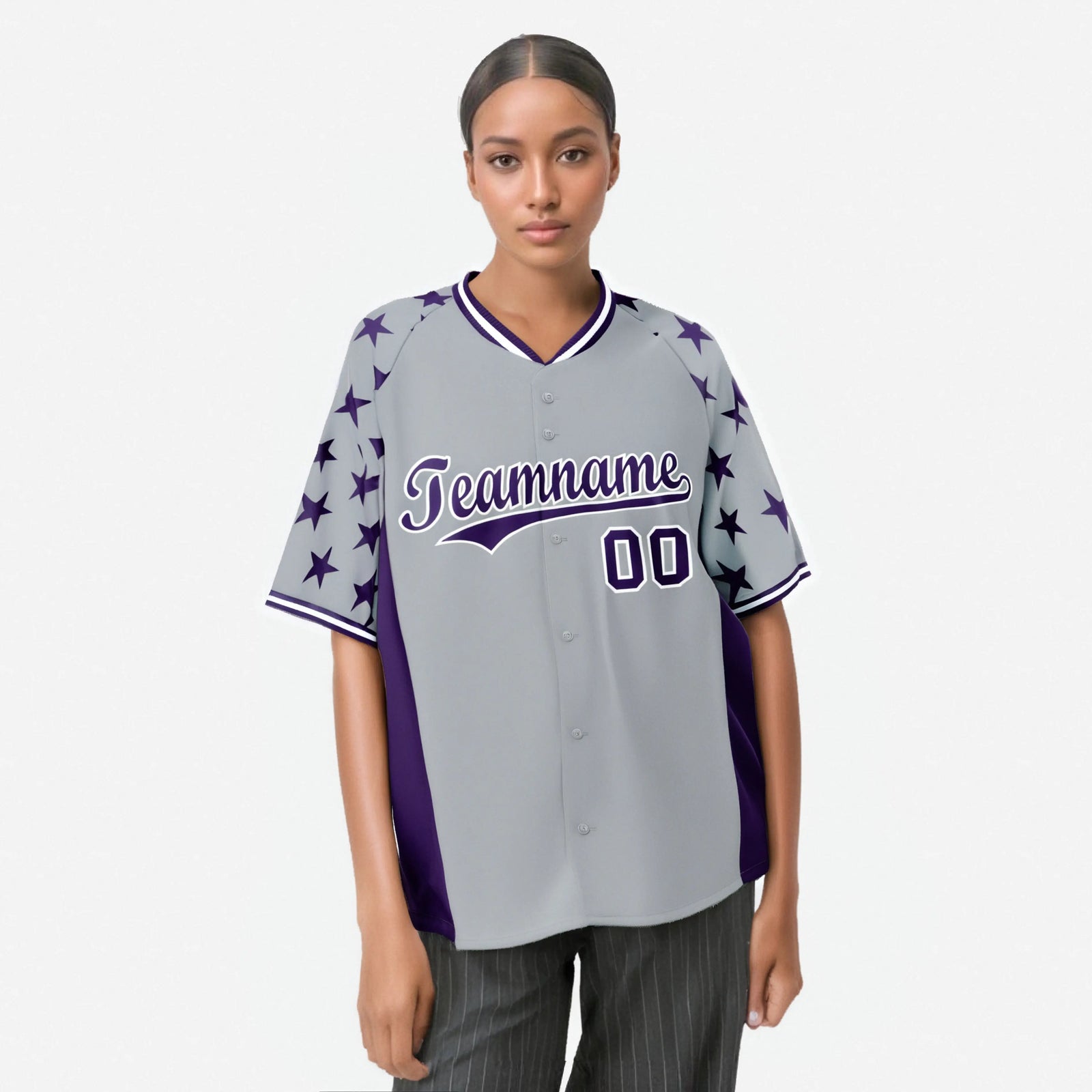 Custom Gray Purple Gradient Side Personalized Star Pattern Authentic Baseball Jersey