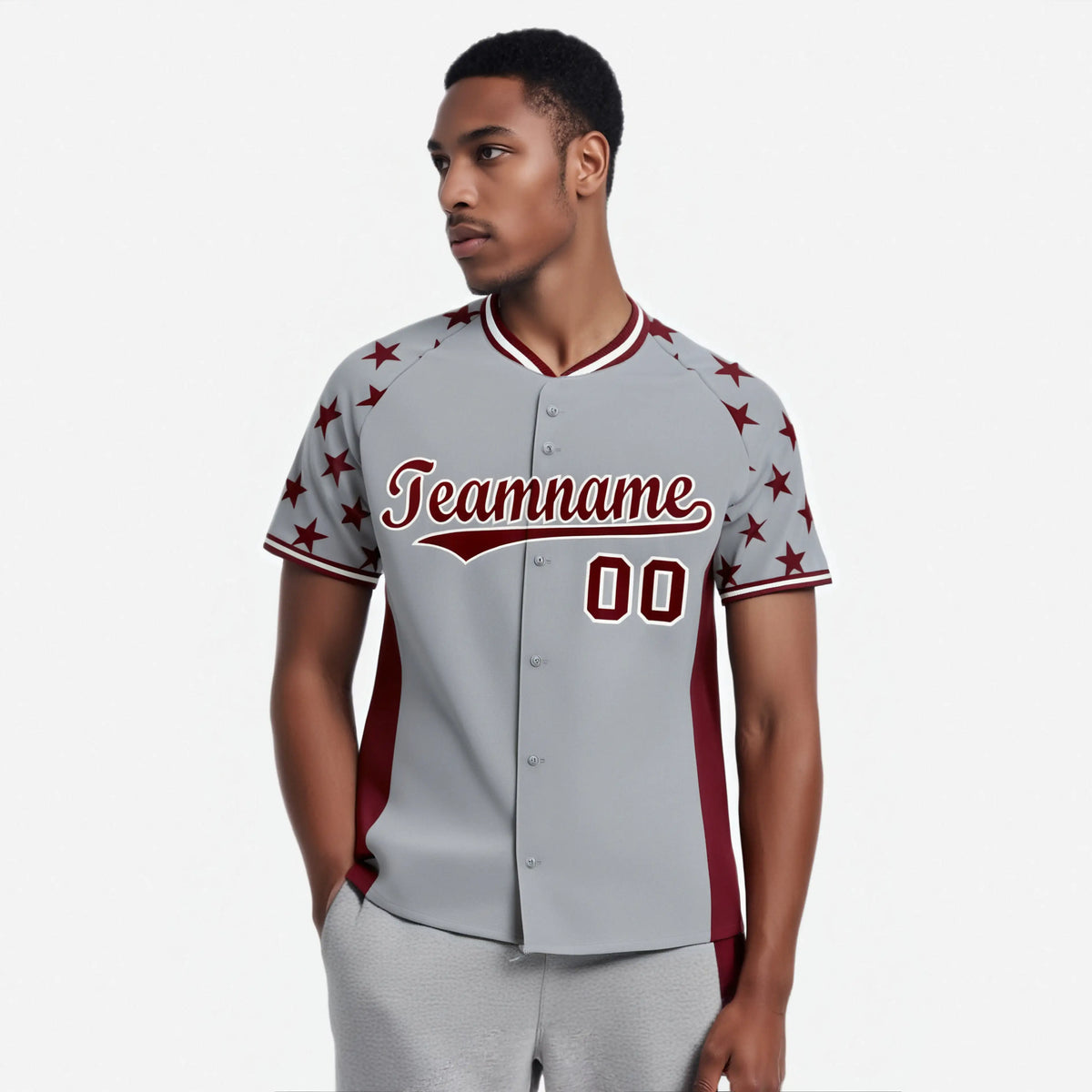 Custom Gray Crimson Gradient Side Personalized Star Pattern Authentic Baseball Jersey