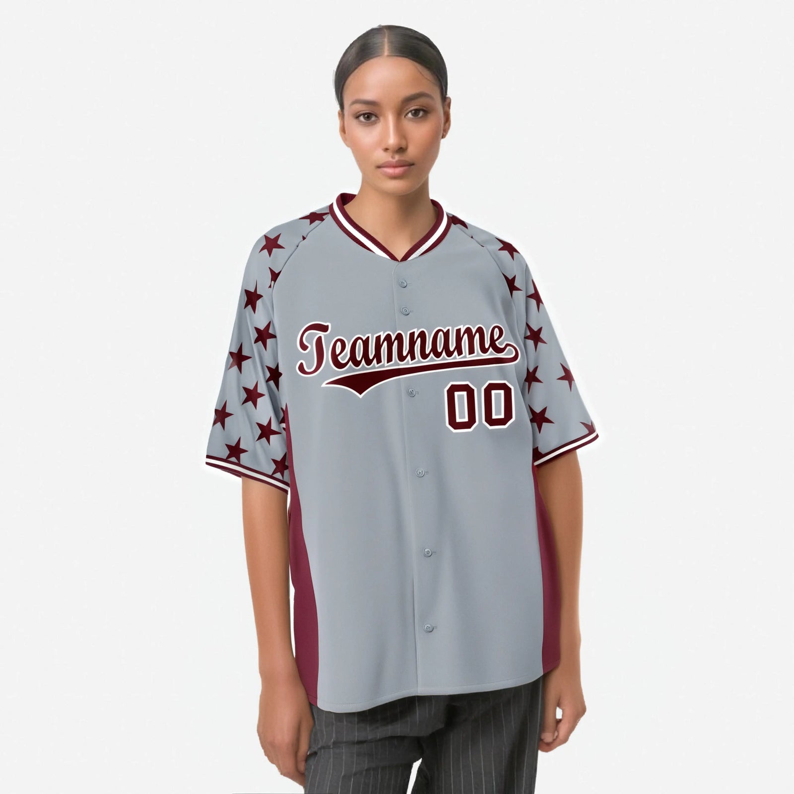 Custom Gray Crimson Gradient Side Personalized Star Pattern Authentic Baseball Jersey