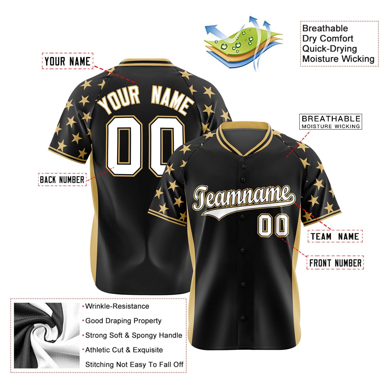 Custom Black Old Gold Gradient Side Personalized Star Pattern Authentic Baseball Jersey