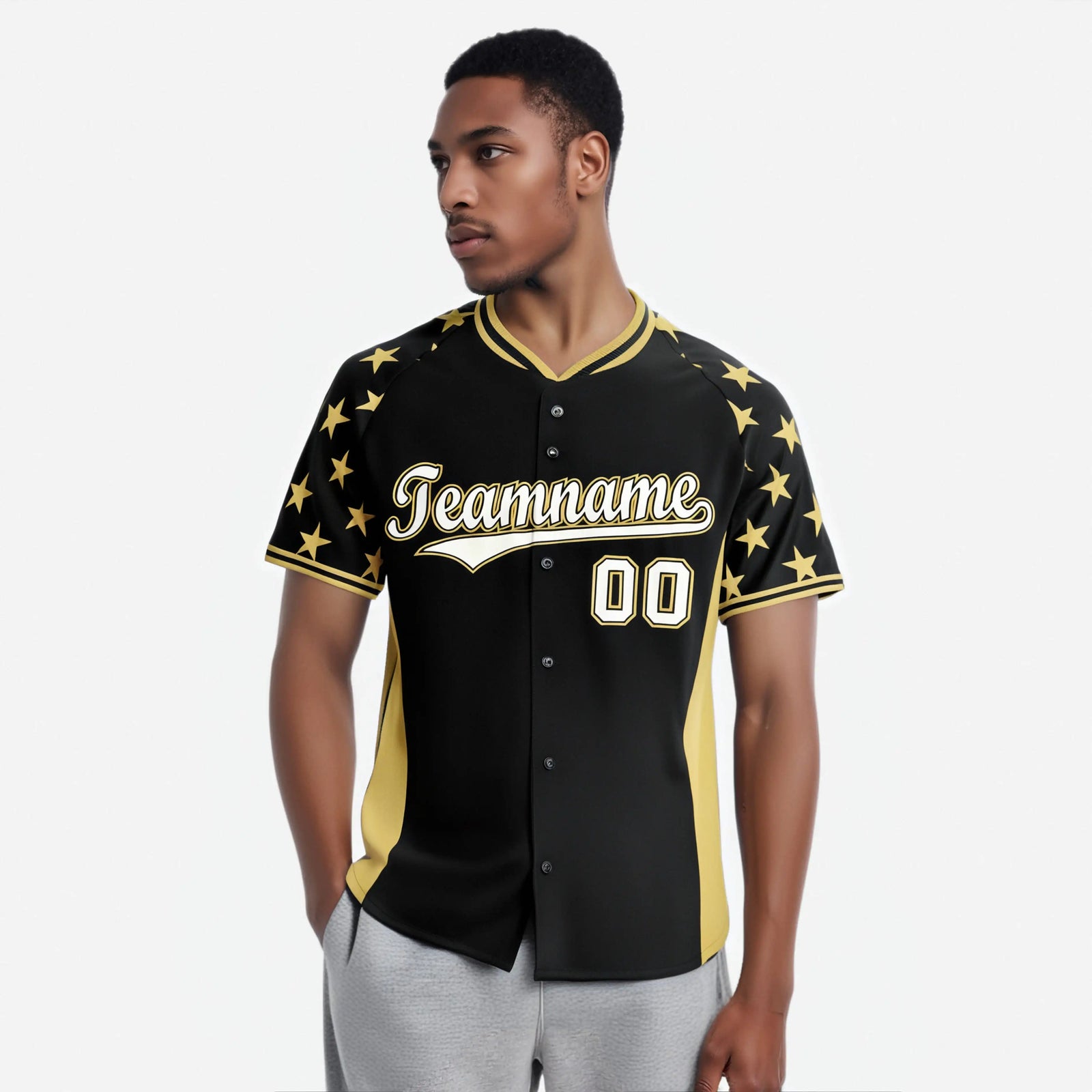 Custom Black Old Gold Gradient Side Personalized Star Pattern Authentic Baseball Jersey