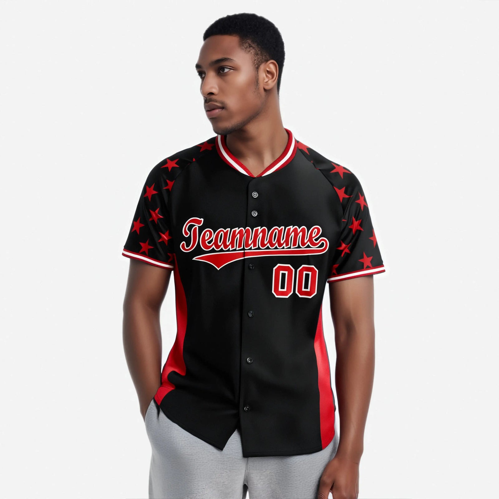 Custom Black Red Gradient Side Personalized Star Pattern Authentic Baseball Jersey