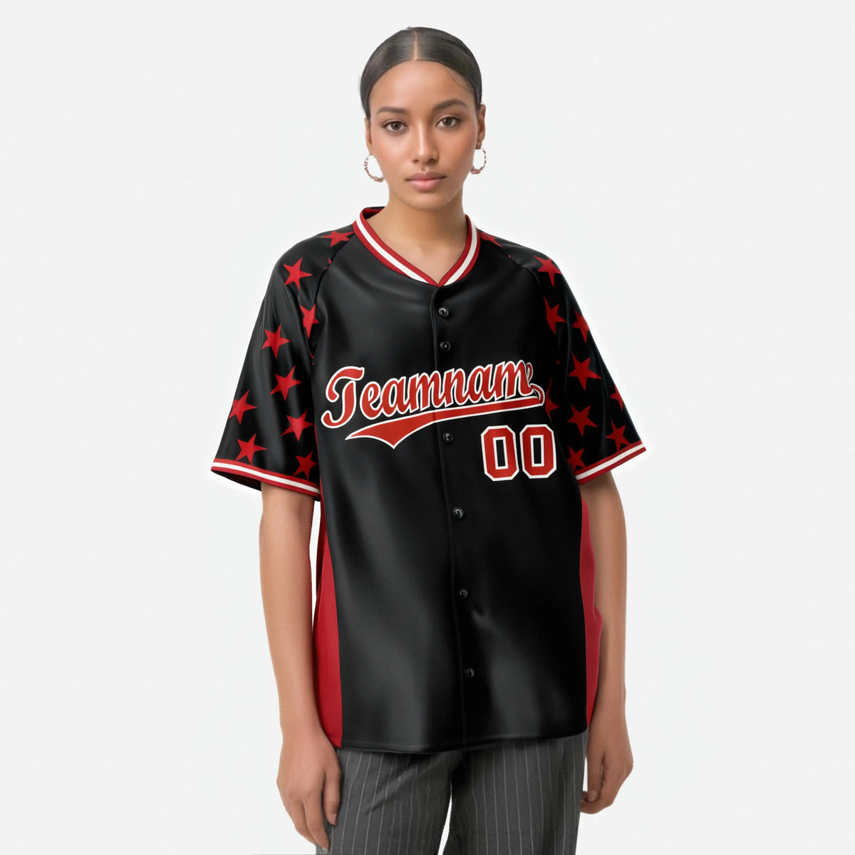 Custom Black Red Gradient Side Personalized Star Pattern Authentic Baseball Jersey