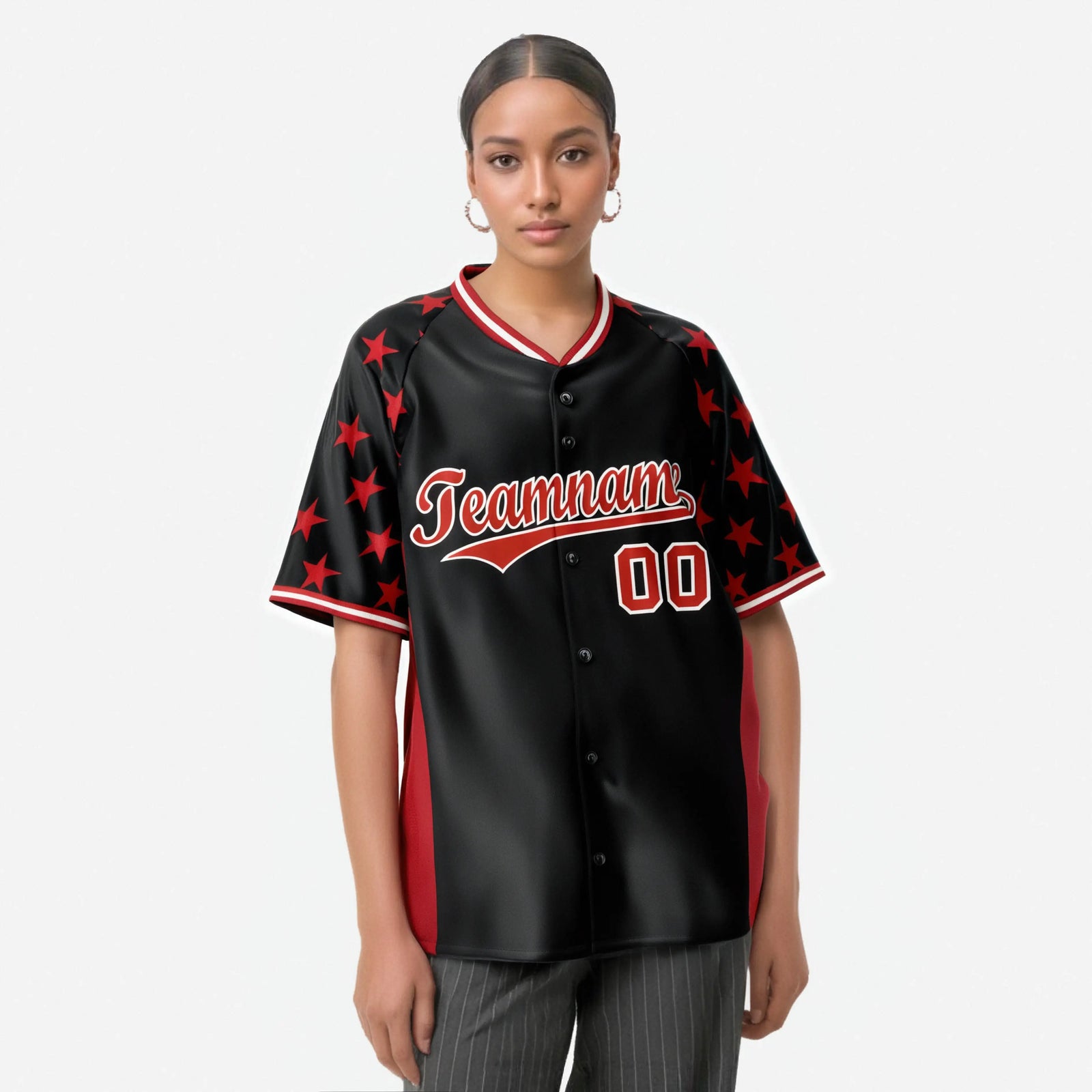 Custom Black Red Gradient Side Personalized Star Pattern Authentic Baseball Jersey