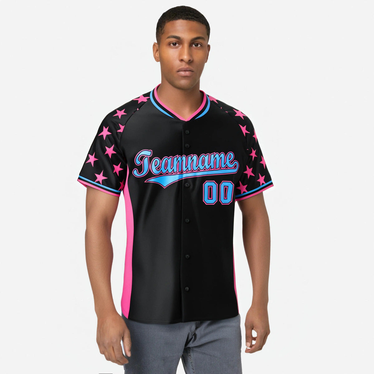 Custom Black Pink Gradient Side Personalized Star Pattern Authentic Baseball Jersey