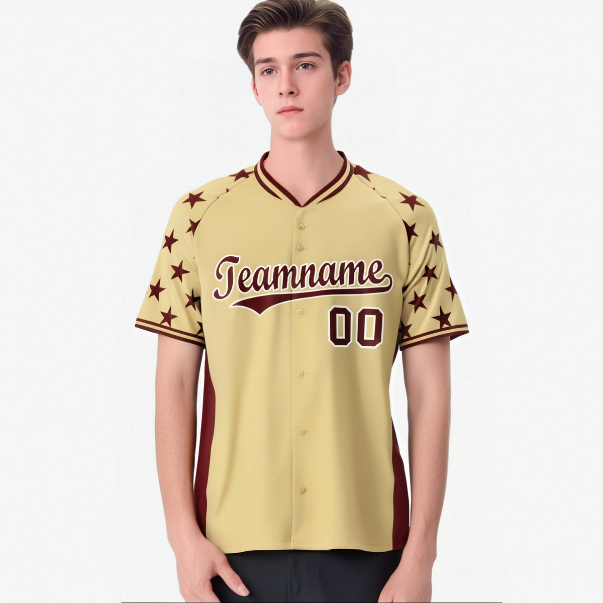 Custom Khaki Crimson Gradient Side Personalized Star Pattern Authentic Baseball Jersey