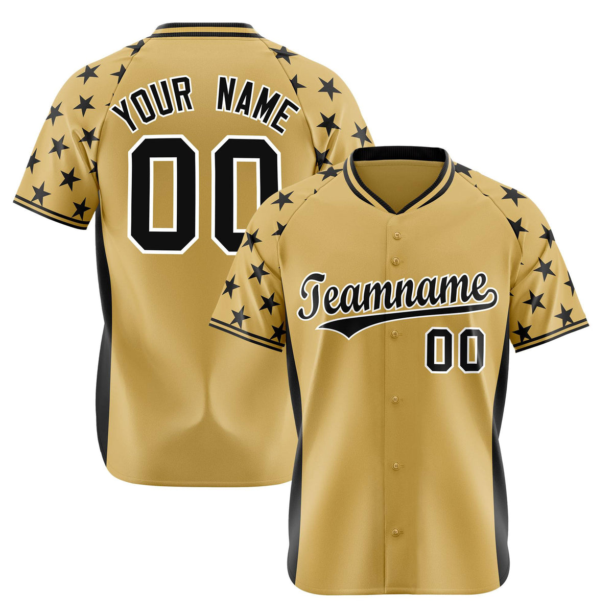 Custom Khaki Black Gradient Side Personalized Star Pattern Authentic Baseball Jersey