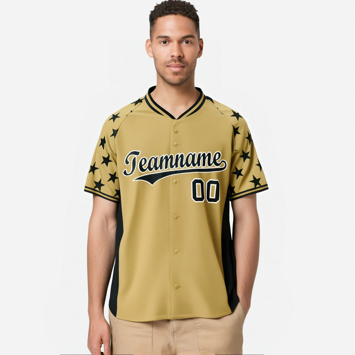 Custom Khaki Black Gradient Side Personalized Star Pattern Authentic Baseball Jersey