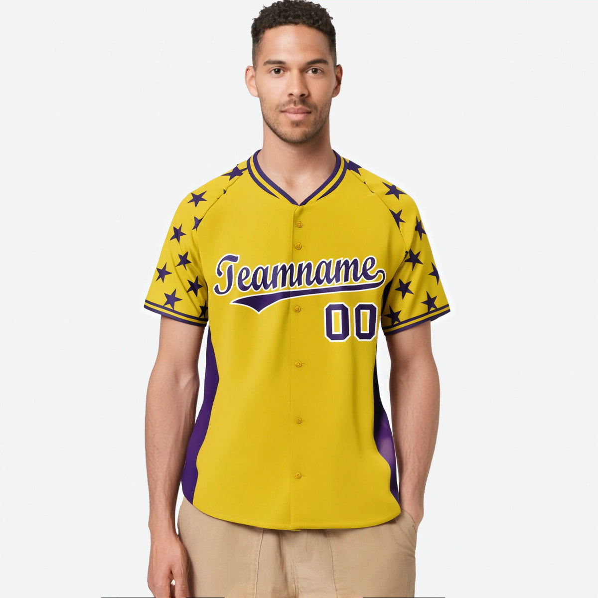 Custom Gold Purple Gradient Side Personalized Star Pattern Authentic Baseball Jersey