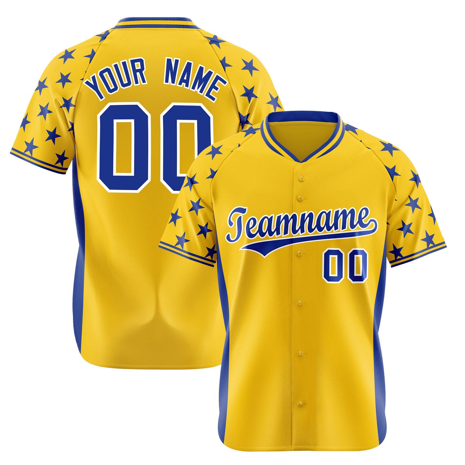 Custom Gold Royal Blue Gradient Side Personalized Star Pattern Authentic Baseball Jersey