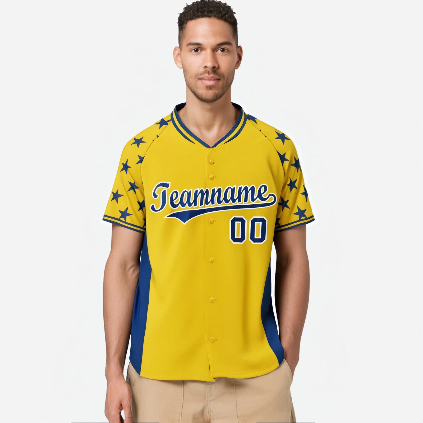 Custom Gold Royal Blue Gradient Side Personalized Star Pattern Authentic Baseball Jersey
