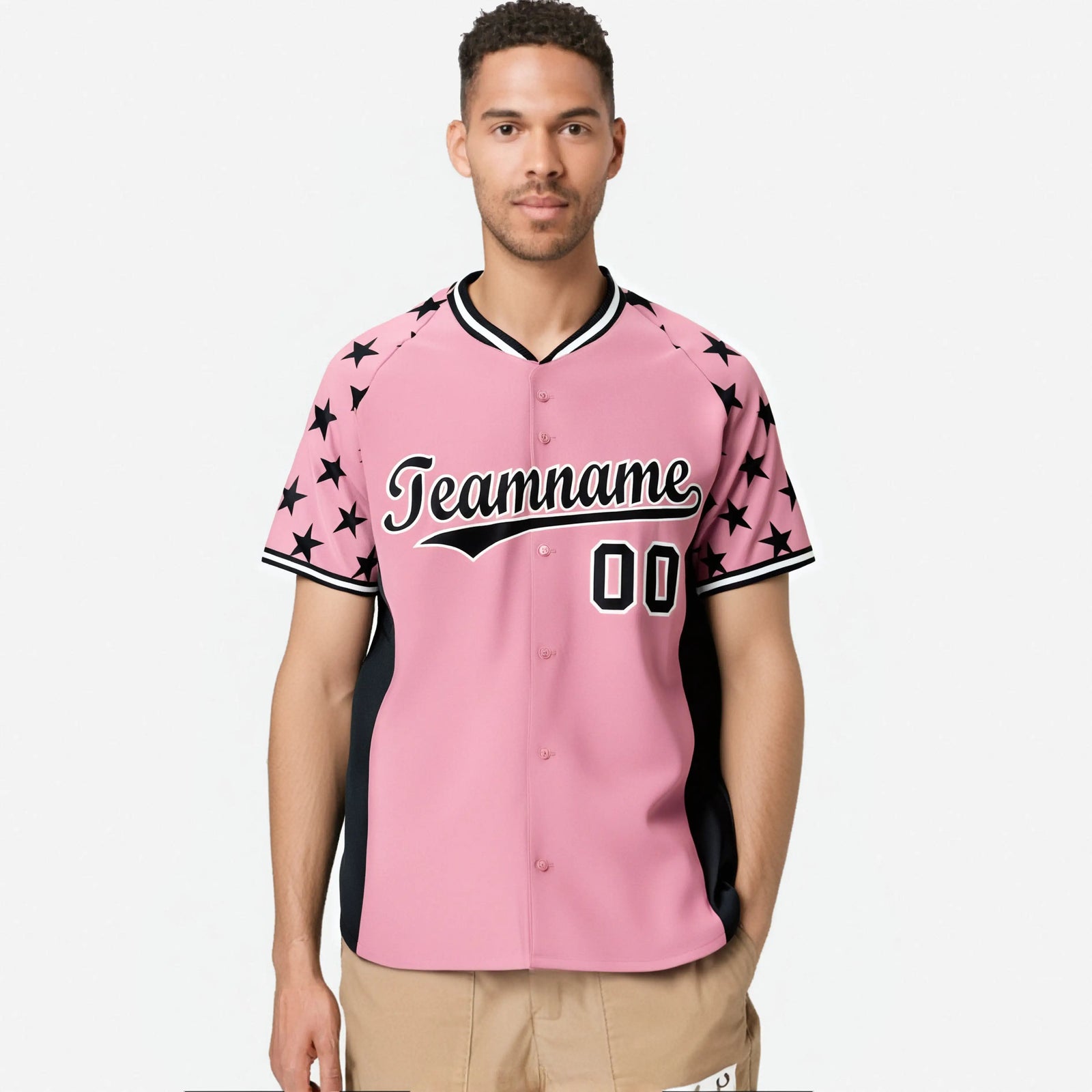 Custom Light Pink Black Gradient Side Personalized Star Pattern Authentic Baseball Jersey