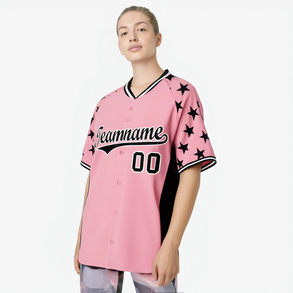 Custom Light Pink Black Gradient Side Personalized Star Pattern Authentic Baseball Jersey