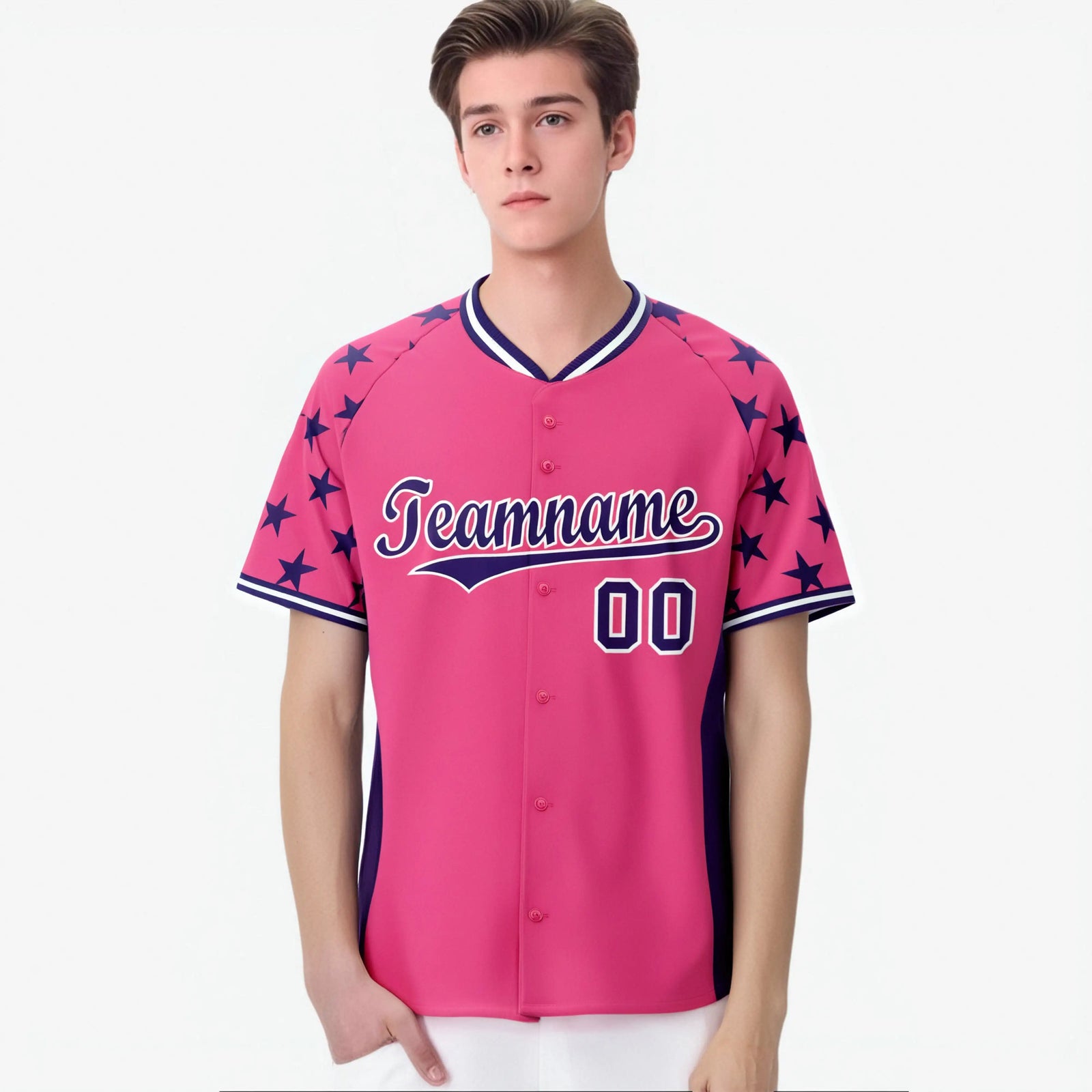 Custom Pink Purple Gradient Side Personalized Star Pattern Authentic Baseball Jersey